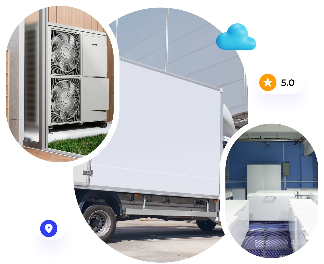 Collage of a truck, industrial cooling units, and a storage area.